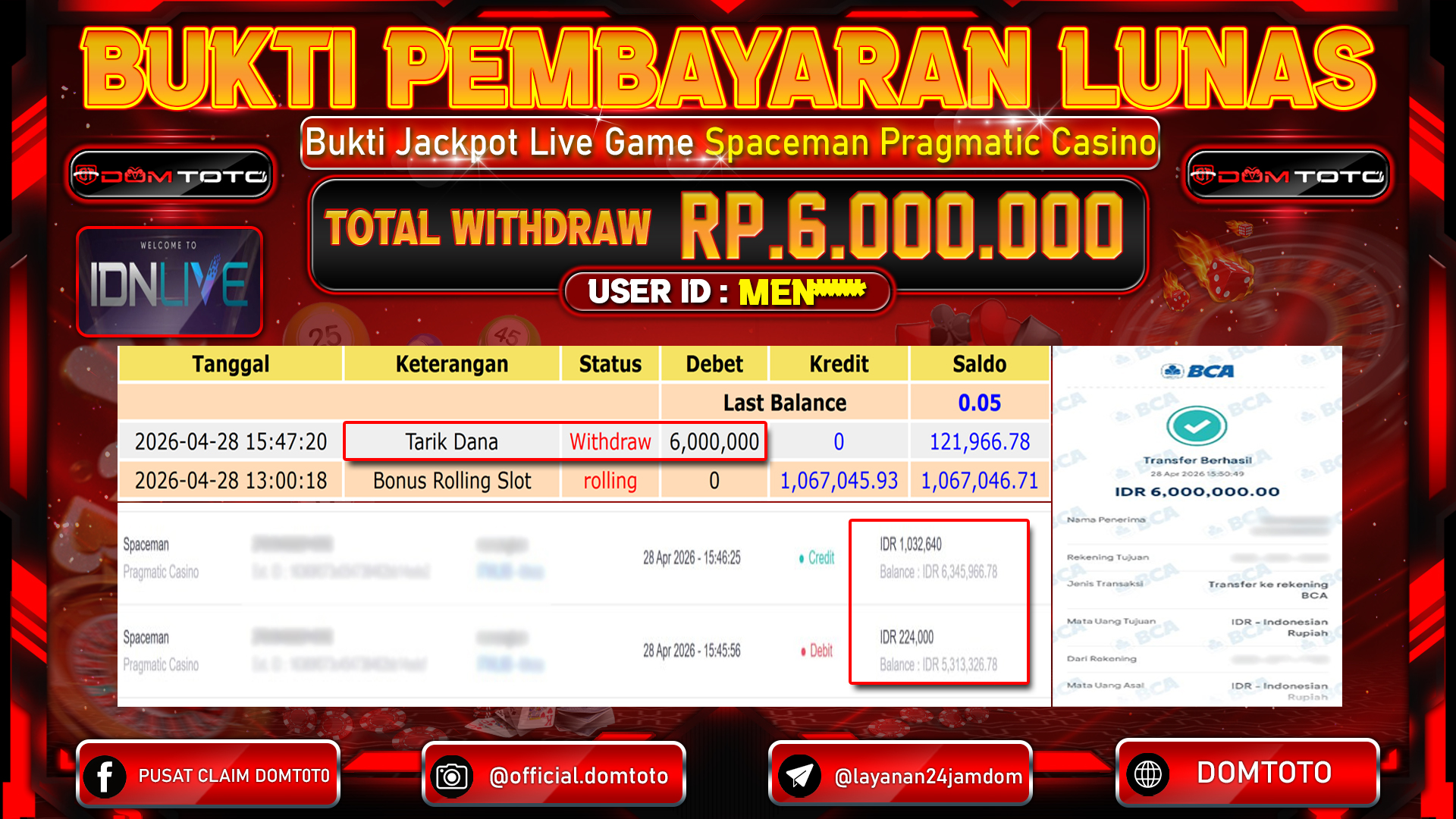 JACKPOT LIVE GAME Spaceman Pragmatic Casino 28 APRIL 2026